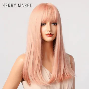 

HENRY MARGU Light Pink Long Straight Wigs Synthetic Party Cosplay Wigs With Bangs For Women Natural Heat Resistant Hair Wigs