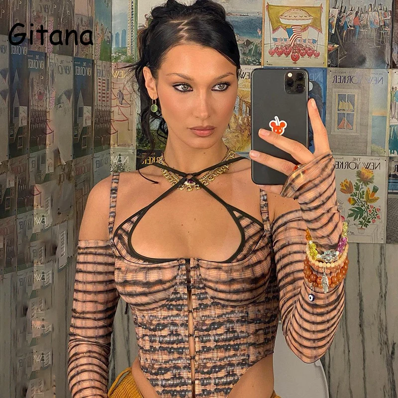 Gitana 2021 сексуальный летний короткий топ с воротником хомутом и длинным рукавом