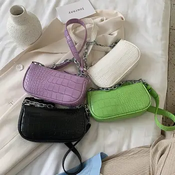 

Women Crocodile Print Shoulder Bag, Adjustable Strap Chain Handle Handbag Fashion Solid Color Crossbody 2020