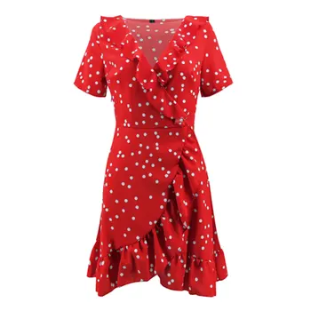 

Boho Women Summer Polka Dot Ruffles V-Neck Short A-Line Dress Thigh Hem Casual Cocktail Party Beach Holiday Dresses Sundress