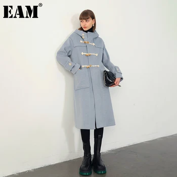 

[EAM] Loose Fit Blue Big Size Long Thick Woolen Coat Parkas New Hooded Long Sleeve Women Fashion Tide Autumn Winter 2020 1DD0143