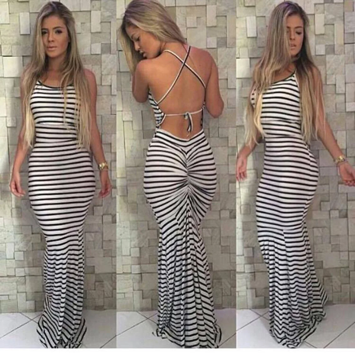 

2016 Backless Sexy Stripes Slim Fit Strapped Dress Black And White Stripes