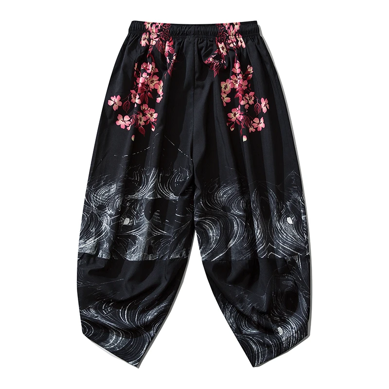 Bebovizi 2020 Japanese Style Harajuku Men Trousers Sakura Samurai Costume Loose Fashion Women Traditional Bloom Pants Haori