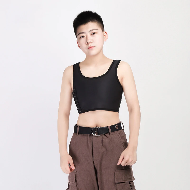 Черный Tomboy Chest Binder Shaper, майка для груди, однотонная черная, белая, двухслойная, с подкладкой, с пряжкой, короткая, Les lesbies футболка с корсетом, топы - Цвет: Черный