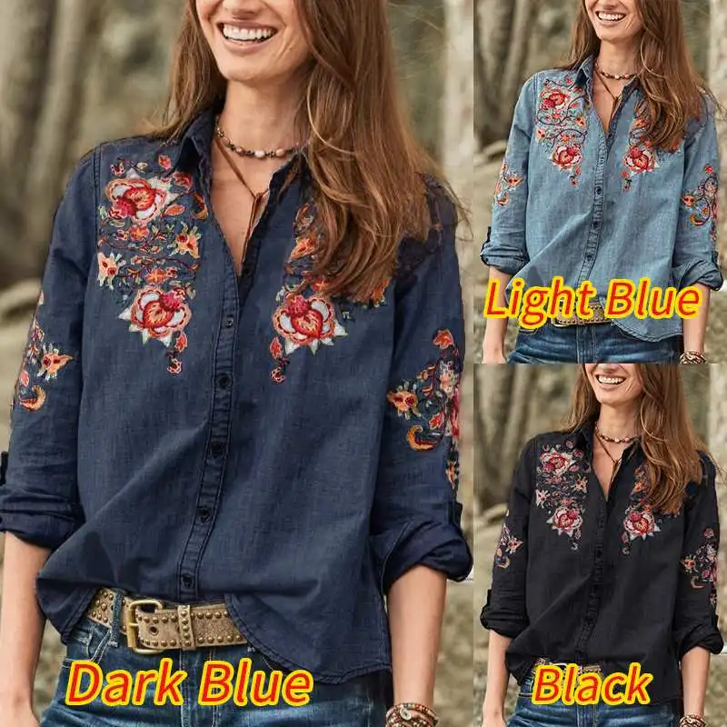 de diseño oversize, blusa bordada para mujer, 2020, ZANZEA, Tops elegantes con botones, Blusas vaqueras azules Vintage, camisas con solapa mujer, camisa|Blouses & Shirts| -