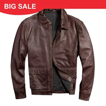 

2020 Dark Brown Men American A2 Pilot Leather Jacket Plus Size XXXXL Genuine Sheepskin Autumn Military Aviator Leather Coat