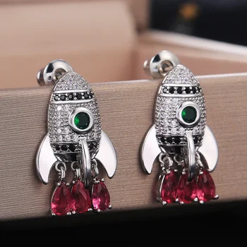 Huitan Cute Rocket Women Earring Full Paved CZ Stones with Red Pear Shape Pendent Stylish Female Accessories Lovely Gift Earring