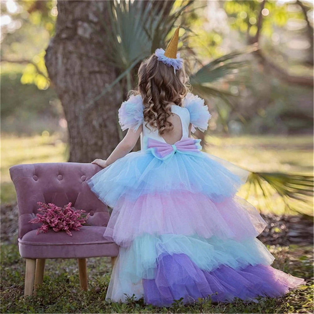 Платье-пачка для девочек в цветочек с единорогом и радугой; сказочное платье принцессы на день рождения; платье с подвижным шлейфом для девочек «My Fancy Little Pony»