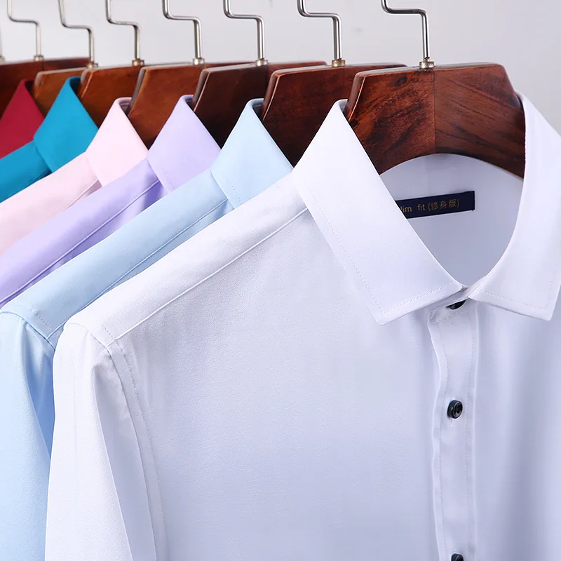 Осенние мужские рубашки masculino Hombre модная однотонная эластичная рабочая одежда тонкая мужская одежда умная Повседневная без глажки различных цветов 4XL