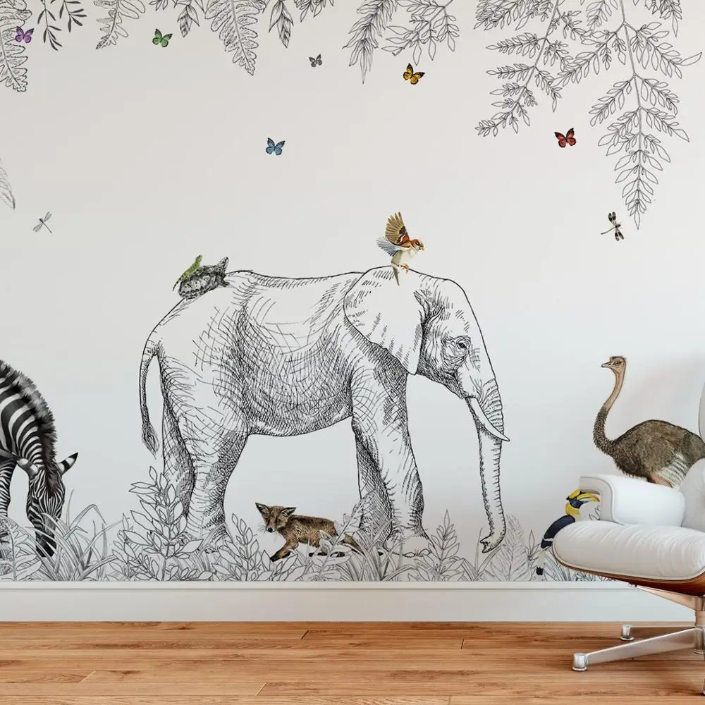 Jungle Wallpaper Papier Peint Panoramique Animaux Metrozoo Jungle Sketch Animals Forest Wallpaper Pw Wallpapers Aliexpress