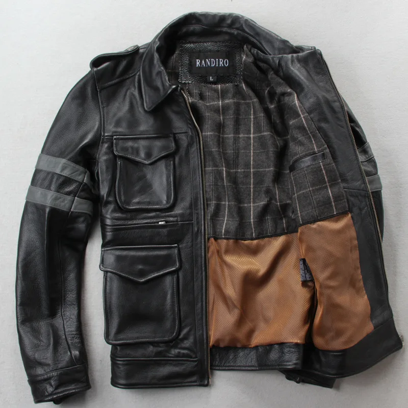 ABOORUN Men's Genuine Cowhide Leather Jacket Slim Motorcycle Biker Real Leather Jacket for Male Multi Pockets R3292