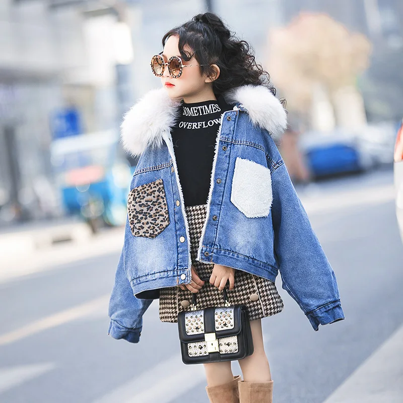 girls denim jacket with fur collar