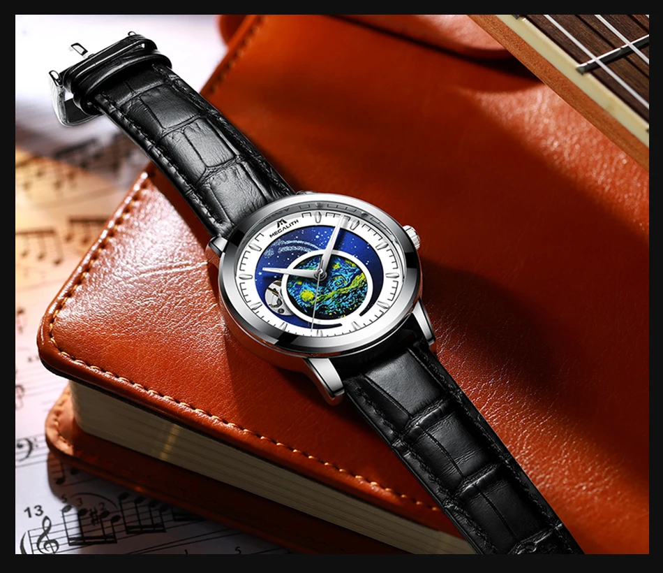 MEGALITH модные автоматические часы для мужчин механические часы черный ремешок из натуральной кожи водонепроницаемый звездное небо часы Relogio Masculino