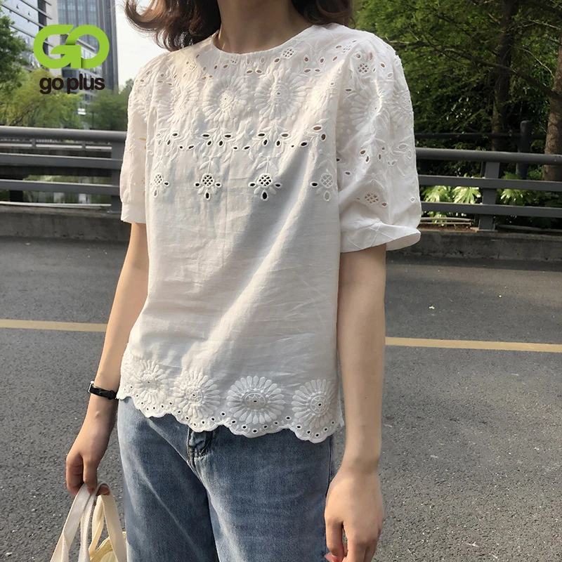 GOPLUS camisa ahueca hacia fuera camisetas blancas de la blusa de corta Camisetas de mujer ropa coreana Chemisier Femme C10548|Blusas y camisas| - AliExpress