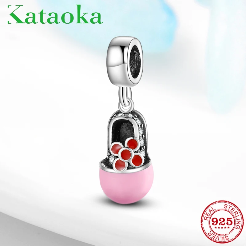 

925 Sterling Silver red flowers children's shoes enamel charms DIY Accessories Beads Fit Original Pandora Charm Bracelet Jewelry