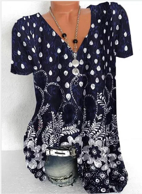 Casual printed large size women's T-shirt V-neck sleeveless vest ladies T-shirt tops women Navy Blue