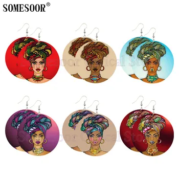 

SOMESOOR Afro Headwrap Woman Art paintings Wooden Drop Earrings Vintage African Ethnic drawings Wood Ear Dangle For Blacks Gifts