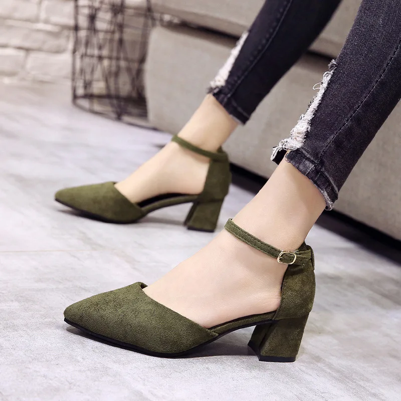 

Hallow Shoes Women's 2019 Spring And Summer New Style Pointed-Toe Suede Work Shoes Versatile Black Word Buckle Chunky-Heel Shoes