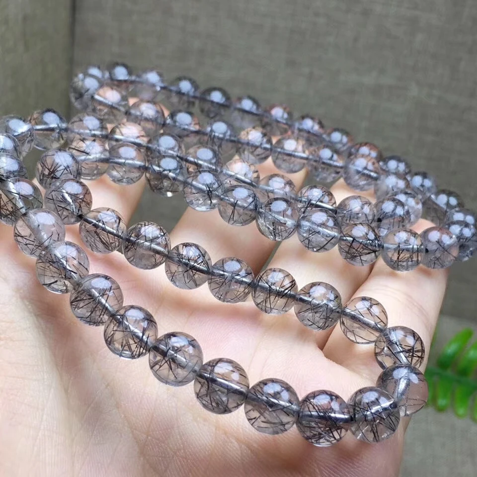 7.7mm Genuine Natural Black Rutilated Quartz Crystal Bracelet From Brazil For Women Men 3 Laps Clear Round Beads Stone AAAAA