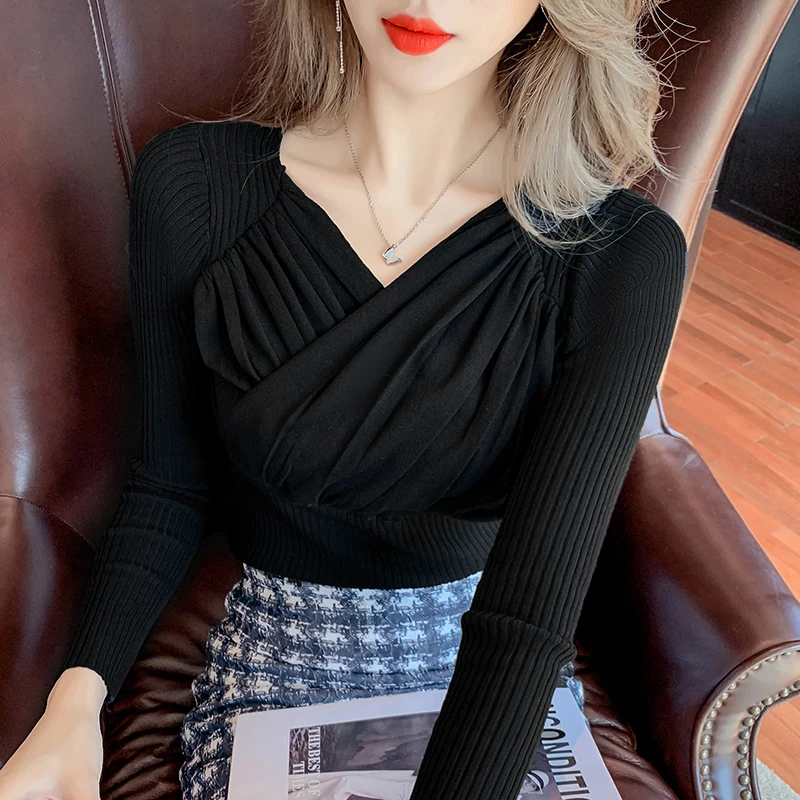 

Fall Clothes for Women 2021 Winter New Women's Fashion V-neck Long-sleeved Knitted Bottoming Shirt Top Short Knitted Pullover