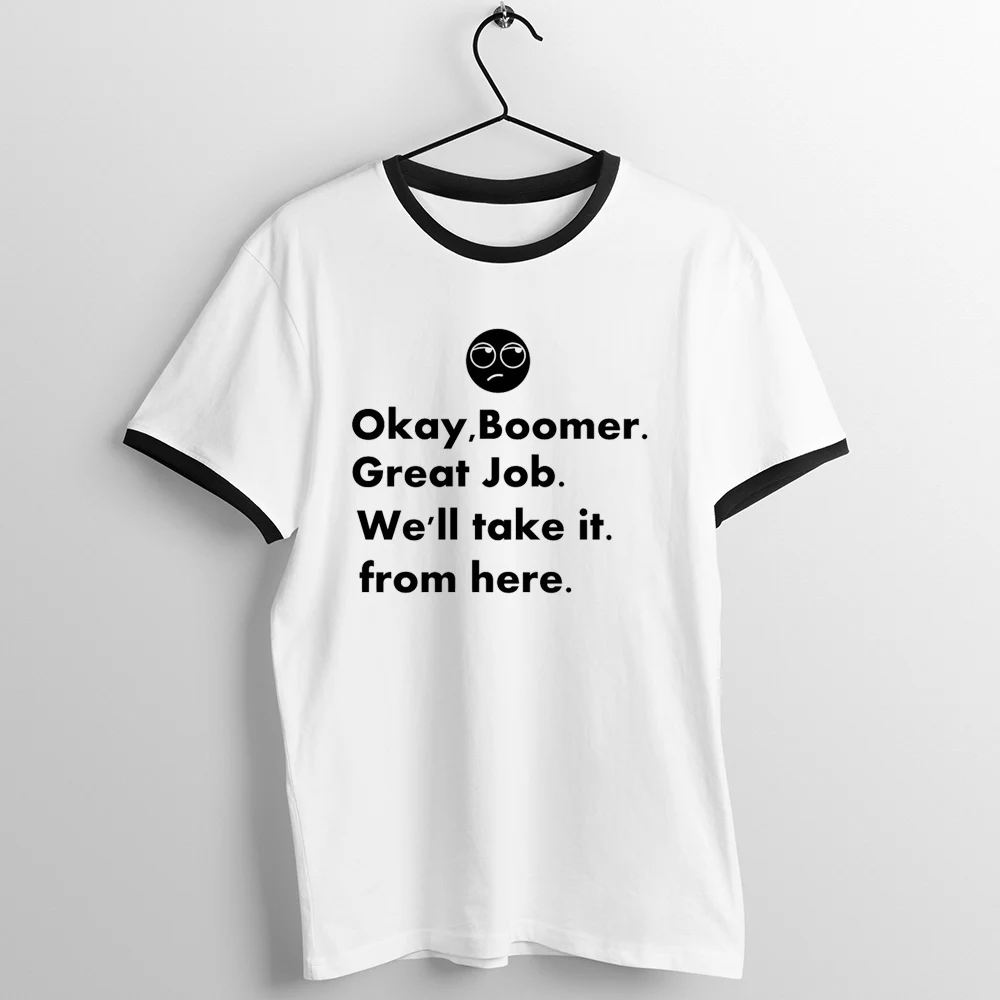 Футболка с черной отделкой для мужчин и женщин, унисекс, футболка с принтом Okay Boomer Meme