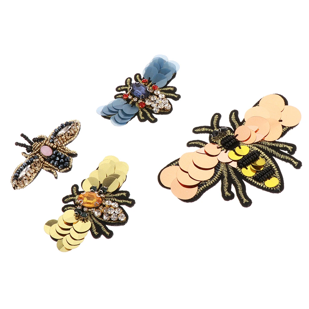 4 Pieces/set Beaded Bee Sequins Rhinestone Patch Embroidery Sewing Applique Clothing Accessory DIY Mixed
