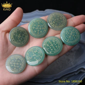 

7Pcs/Lot Natural Aventurine Stone Carved Gold Runes Symbols Reiki Chakra Jewelry Round Divination Trundle Stone Healing Jewelry