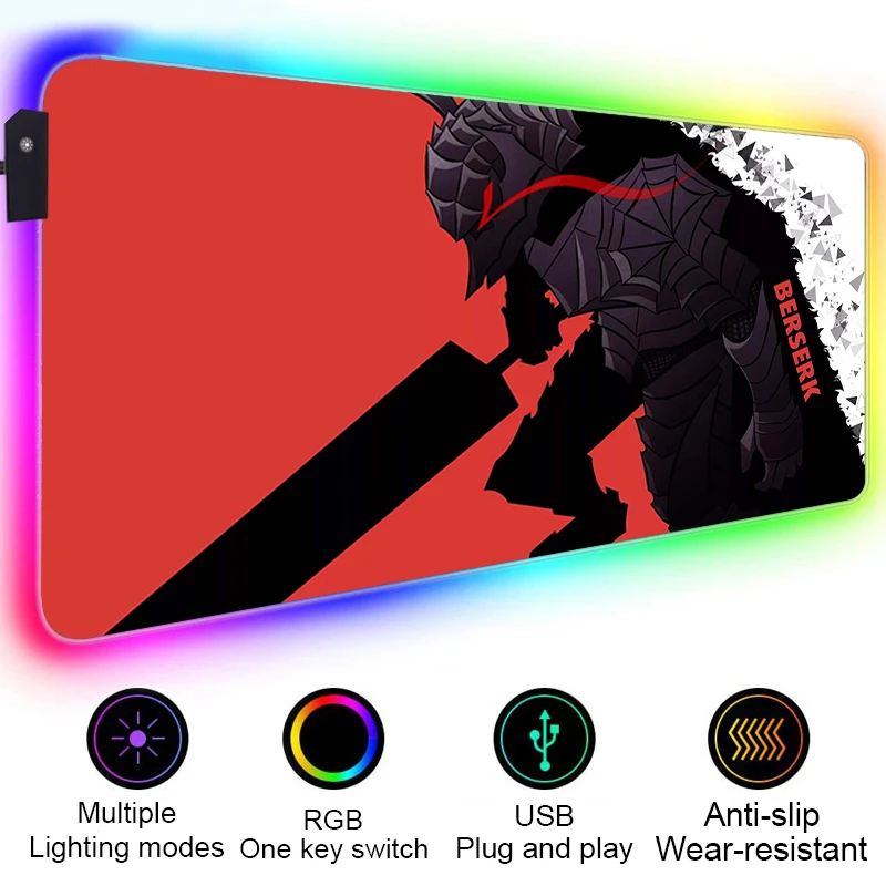 

Berserk Guts Mouse Pad Gamer Gaming Mouse Mat Rgb Mousepad Company Kawaii Accessories PC Gamer Mouse Backlit Mat Led Desk Mat