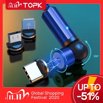 TOPK 540 вращающийся магнитный кабель USB Type C кабель Магнитный зарядный кабель Micro USB для iPhone 7 8 11 6 Plus XR XS XiaoMi Samsung