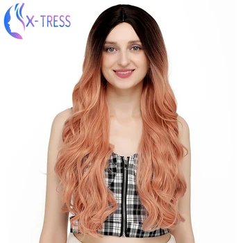 

Synthetic Pink Wigs For Women Black Root Colored 22inch Long Wavy X-TRESS Wig High Temperature Fiber Cosplay Wig