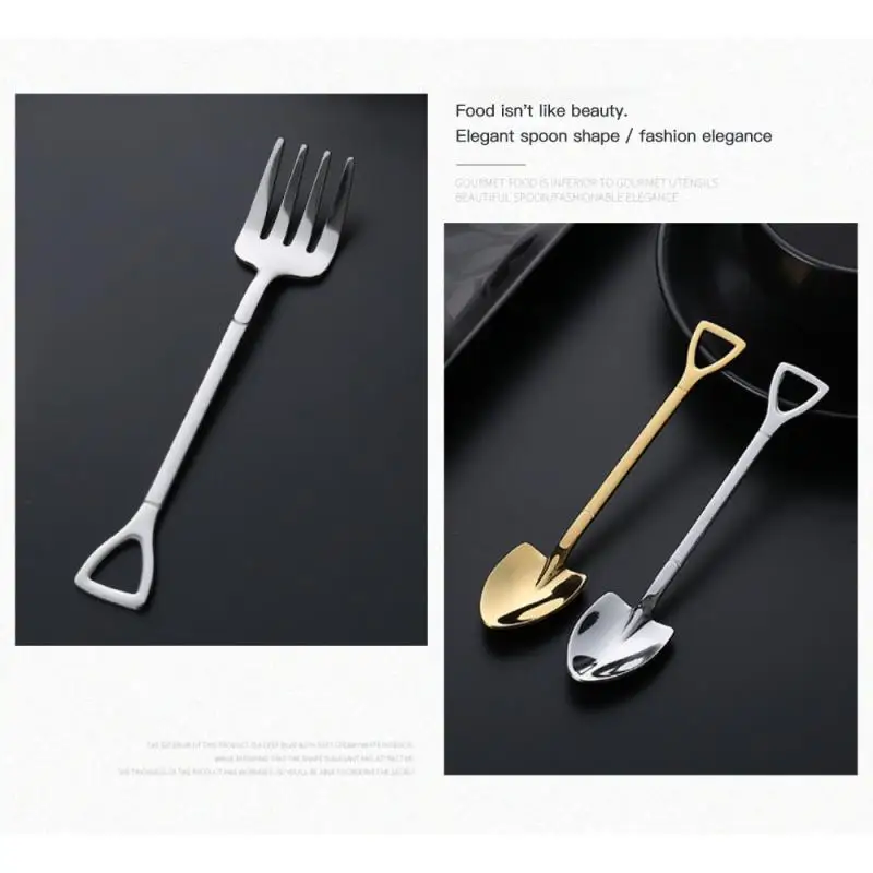 Stainless Steel Cutlery Set Creative Food-Grade Stainless Steel Coffee Ice Cream Spoons Shovel Shape Multi-Color Long Handle Fork Teaspoons Kitchen Tool