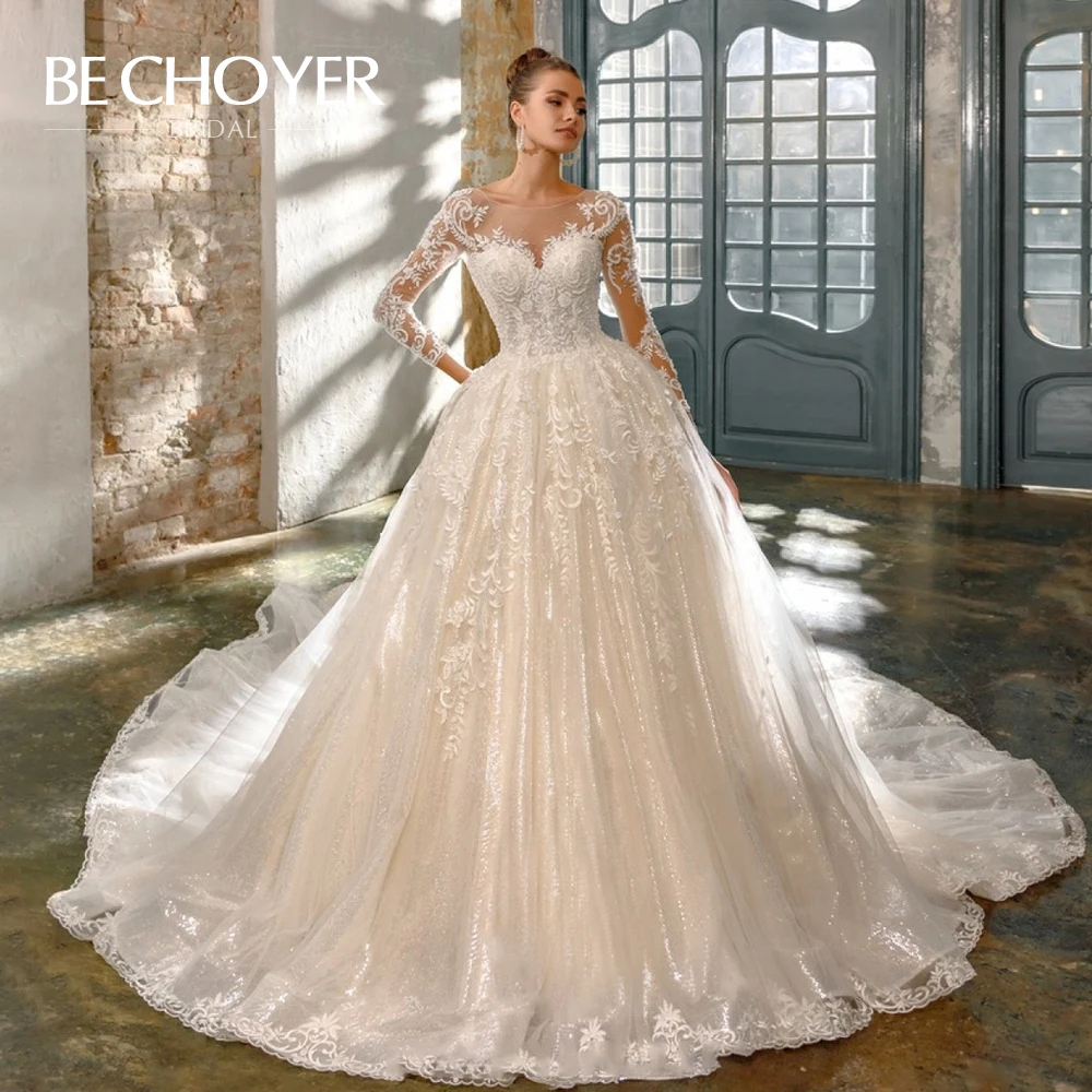 

Stunning Appliques Wedding Dress BECHOYER N204 Sweethear Long Sleeve Ball Gown Chapel Train Princess Bride Gown Vestido de Noiva