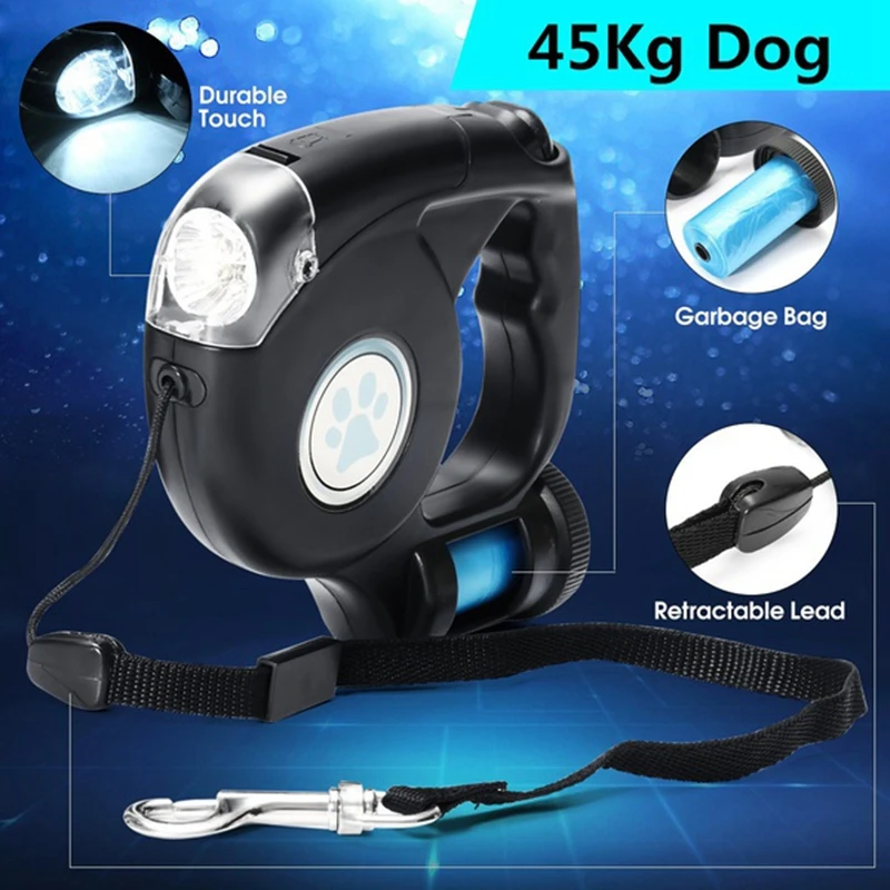 Extendable and Retractable Leash for Dog with LED Flashlight and Garbage Bag