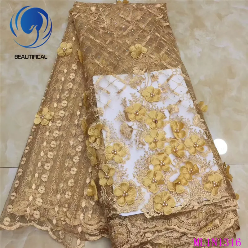 

BEAUTIFICAL Gold Lace 3d Flower Embroidery Beads Nigeria Wedding French Tulle Lace 3d Dress Tissu Fabric Lace ML1N1316