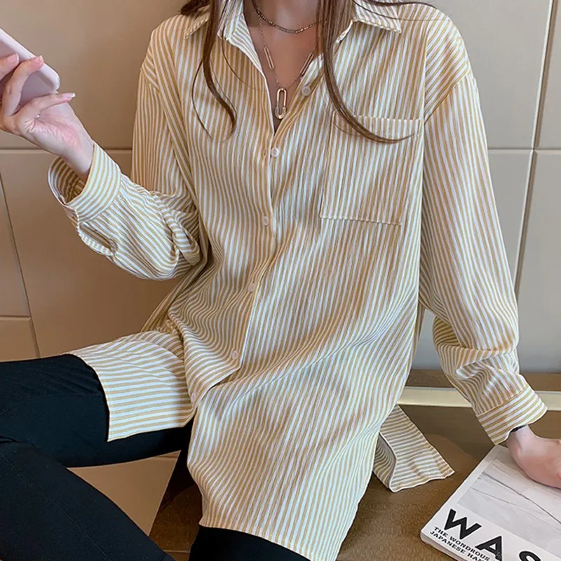 Women Striped Long BLouse Shirts Button Down Pockets Shirt Long Sleeve Blouses Autumn Loose Casual Ladies Shirt Women Blouses