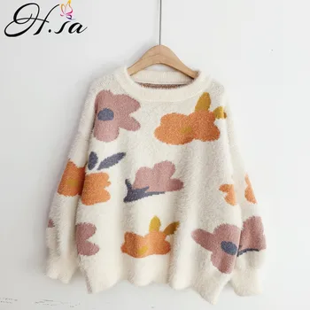 

H.SA Women Winter Warm Sweater and Pullovers Kawaii Cute Rabbit Sweaters Oversized Knit Jumpers Fake raccoon Fur Pull Femme