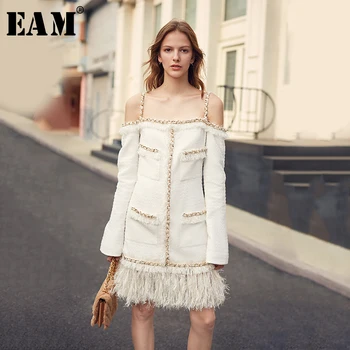

[EAM] Women Tweed Palid Temperament Srtapless Dress New Slash Neck Long Sleeve Loose Fit Fashion Tide Spring Autumn 2020 1K902