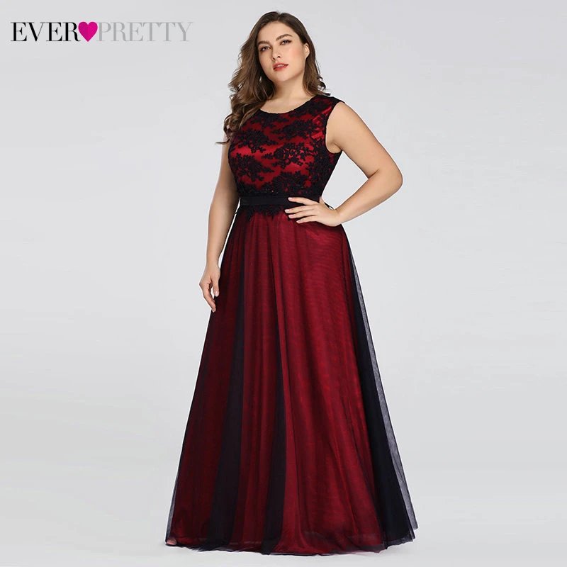 Plus Size Burgundy Prom Dresses Long Ever Pretty A-Line Lace Sleeveless Sashes Prom Dresses for Women Elegant Party Gowns 2020