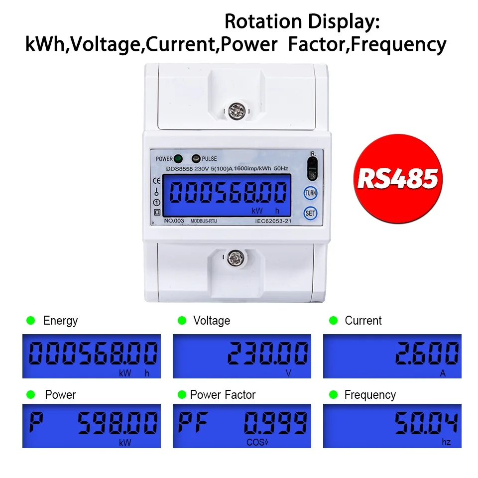 

Single Phase 5(80)A 230V AC RS485 Modbus RTU Energy Meter Electric Consumption Meter Monitor Backlight 4P DIN Rail Counter