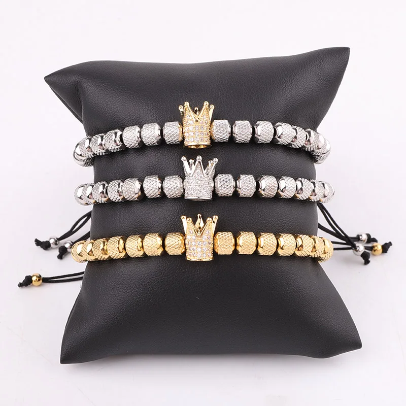 New Design High Quality Stainless Steel Beads Crown Charm Friendship Custom Macrame Adjustable Beads Bracelet For Men