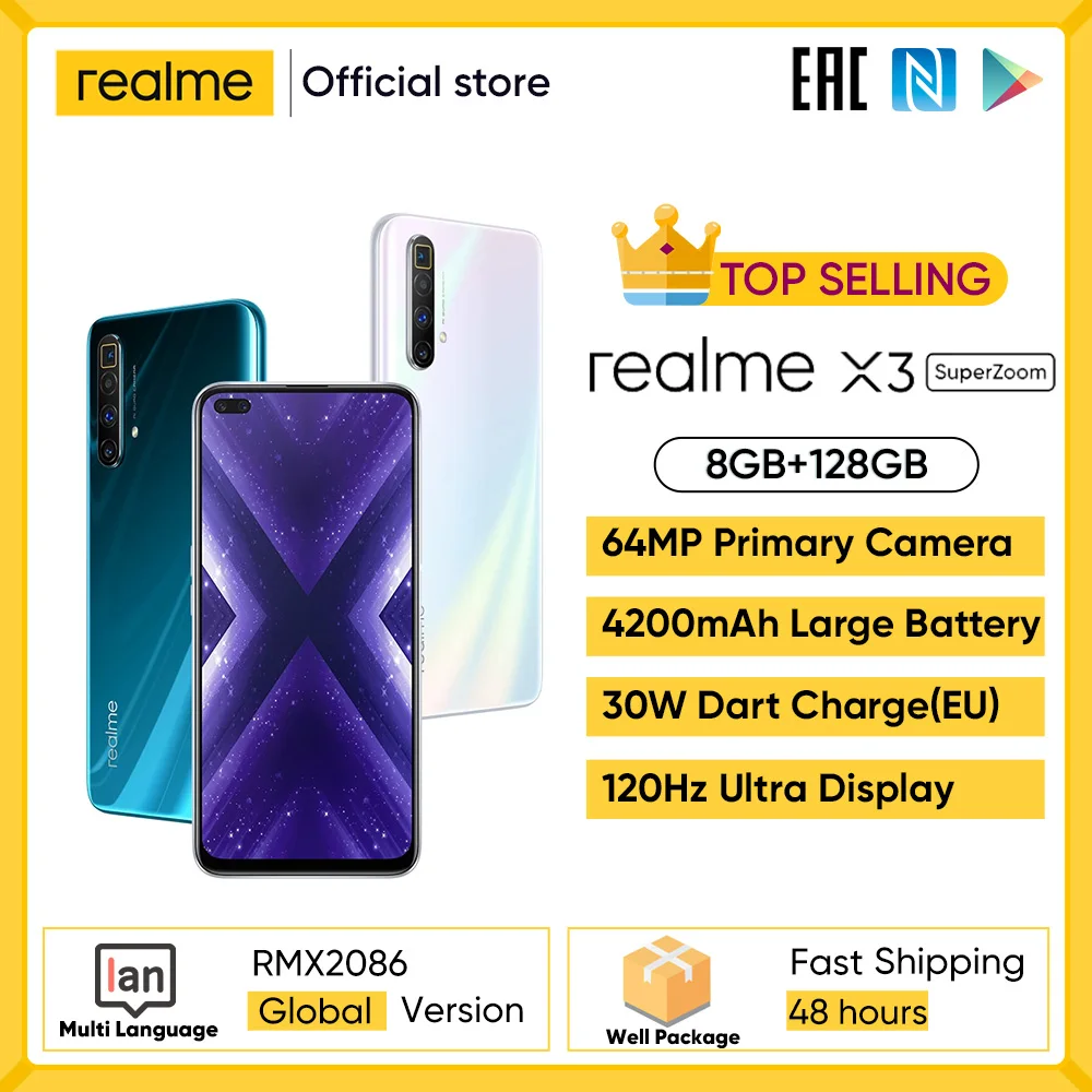  Realme X3 мобильный телефон 64MP 60X суперзум 120 Гц Дисплей Snapdragon 855 + 8GB 128GB смартфон realme 6 Pro Телефон realme v5 