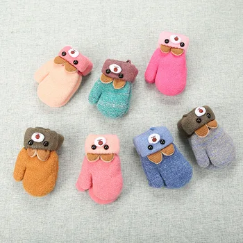 

0-3 Y Cute Cartoon Baby Gloves Winter Wool Plus Thick Full Rope Finger Mittens Warm Knitted Gloves For Kids Boys Girls