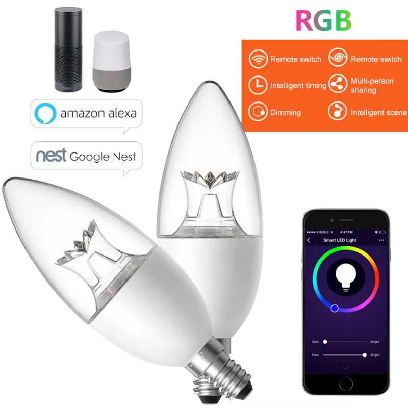 

Smart WiFi Candle Bulb E14/E27 RGB Bulb Support Alexa/Google Home/IFTTT Smart Speaker Voice Control 6W Led Lights Decoration