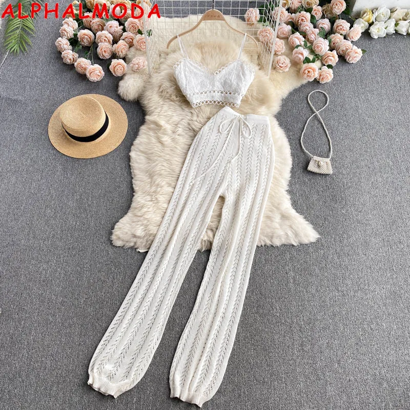 Женский комплект ALPHALMODA летний топ и брюки с высокой талией 2 шт. сексуальный