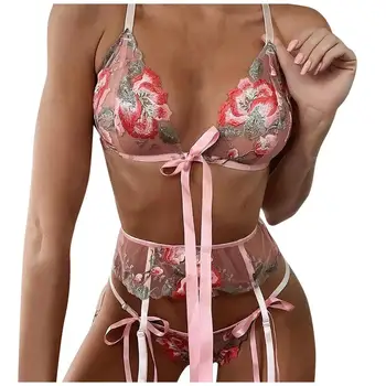

3PCS Sexy Lingerie Underwear Set Bow Tie Bra Lace Flower Printed Sleepwear Hollow G-String Thong Bra & Brief Set lenceria 3FM