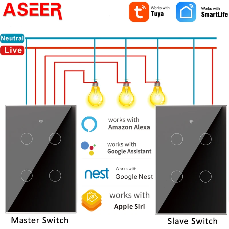 

ASEER Tuya/Ewelink APP Control Wall Light Touch WIFI Switch 1/2/3/4 Gang 2 Way No Neutral Wire,Works with Siri,Google nest,Alexa