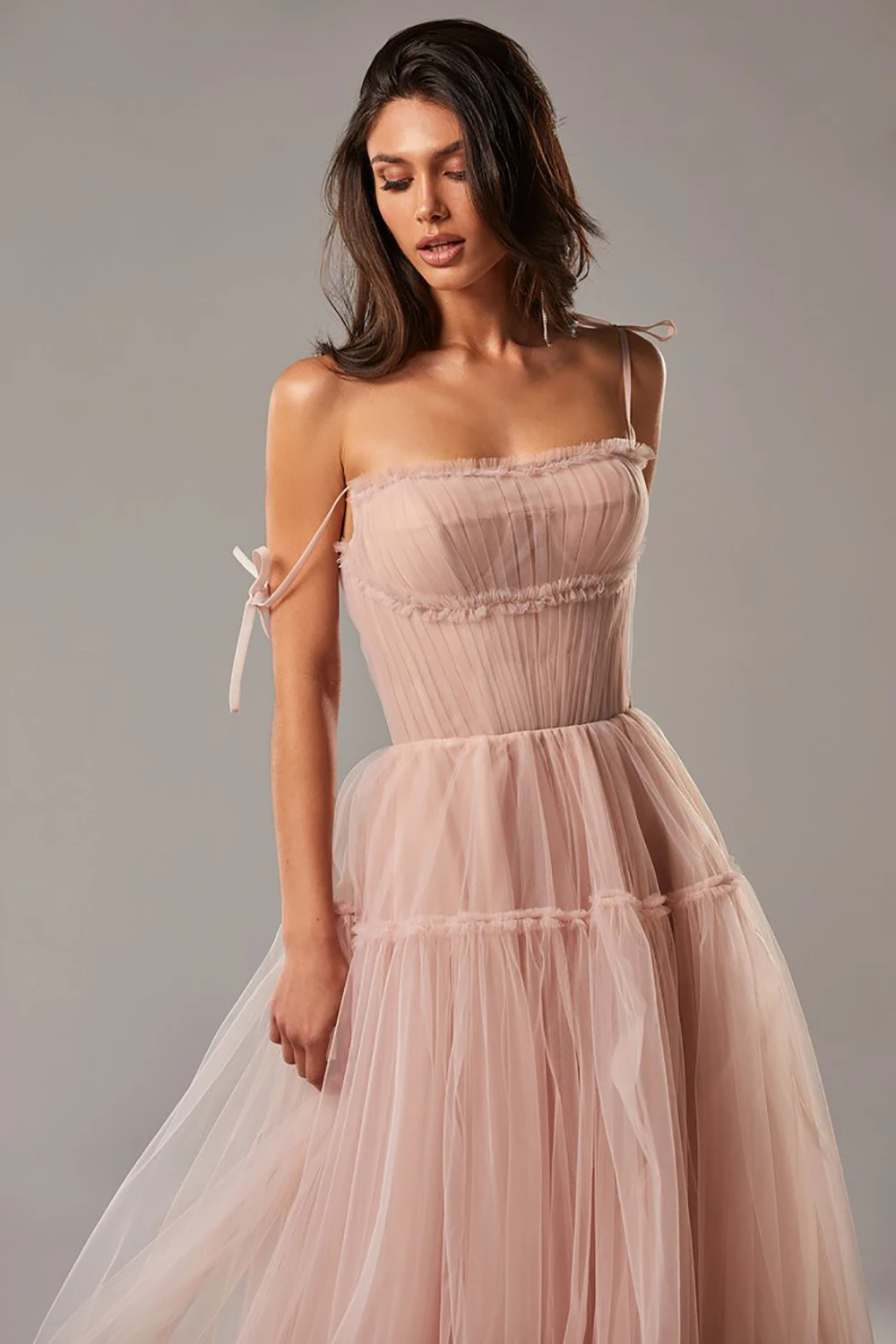 Sevintage Blush Pink/Blue Long Prom Dresses 2021 Spaghetti Straps Tiered Skirt A-Line Party Dresses Pleated Tulle Formal Gowns