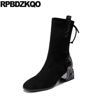 

snakeskin plus size diamond chunky black big women shoes metal heel boots rhinestone 10 snake ankle sheepskin crystal handmade