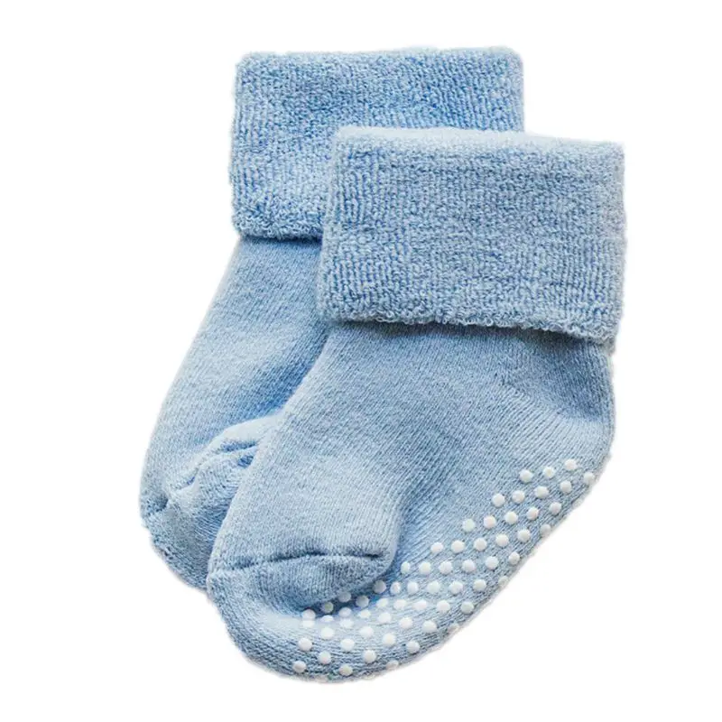 Blue 1 пара, 1 пара, Короткие нескользящие носки-тапочки в горошек с резиновой подошвой для малышей, малышей, Короткие махровые носки из чесаного хлопка, плотные однотонные теплые носки с манжетами - Цвет: Blue
