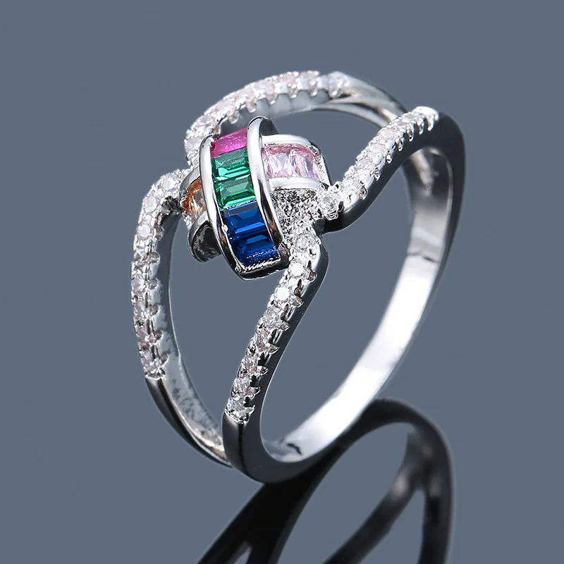 

Cute Female Ladies Rainbow Stone Finger Ring Luxury Silver Yellow Gold Love Engagement Ring Colorful Zircon Rings For Women
